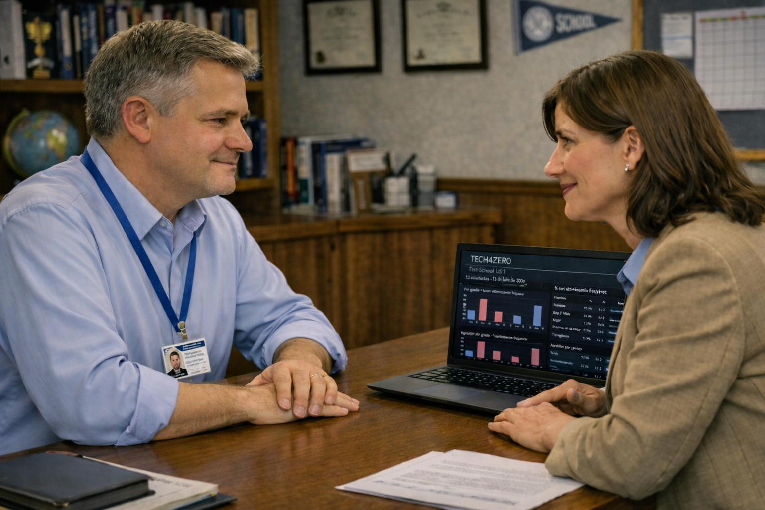 Principal and teacher reviewing a TECH4ZERO school climate dashboard on a laptop